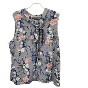 Floral Sleeveless‎ Blouse With Tie Neck 4XL Gray Pink Blue